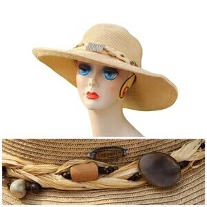 Straw Floppy Packable Sun Hat Stone & Beaded Band Derby Safari Summer Vacatio